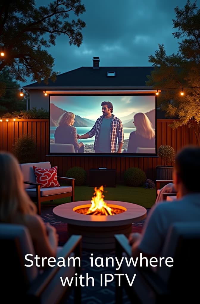  an inviting backyard setup with a projector screen displaying a movie streamed via an iptv service. the setting includes comfortable outdoor seating, string lights, and a cozy fire pit. the text 'stream anywhere with iptv' is shown in a stylish font in the bottom corner hyperrealistic, full body, detailed clothing, highly detailed, cinematic lighting, stunningly beautiful, intricate, sharp focus, f/1. 8, 85mm, (centered image composition), (professionally color graded), ((bright soft diffused light)), volumetric fog, trending on instagram, trending on tumblr, HDR 4K, 8K