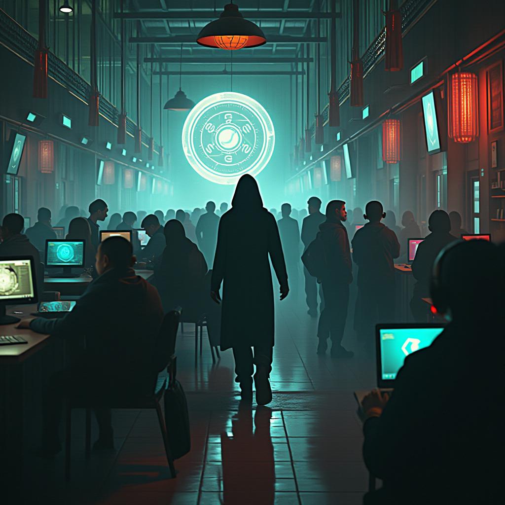  location, cyber cafe. the style is digital art illustration / modern comic book / mysterious occult, symbolic, esoteric vibe,high detail on character design, crowd of people hyperrealistic, full body, detailed clothing, highly detailed, cinematic lighting, stunningly beautiful, intricate, sharp focus, f/1. 8, 85mm, (centered image composition), (professionally color graded), ((bright soft diffused light)), volumetric fog, trending on instagram, trending on tumblr, HDR 4K, 8K