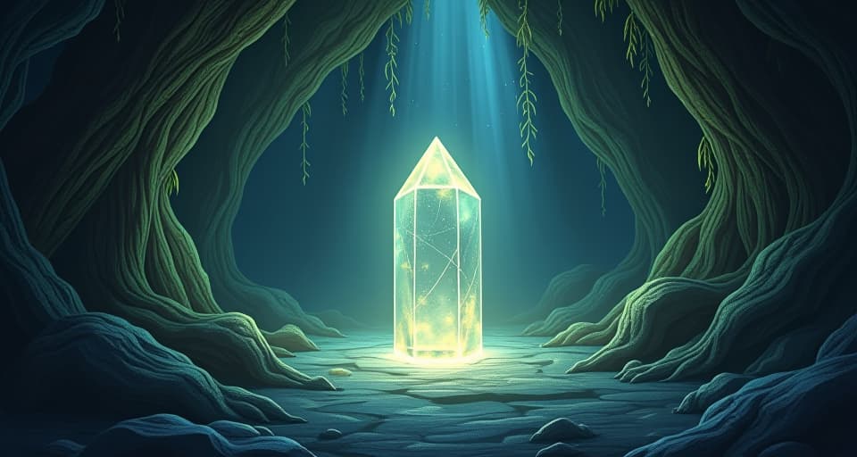  a glowing crystal deep in an enchanted cave, surrounded by intricate patterns of luminous vines. the crystal emits a soft, magical light, representing dormant power.. the style is digital art illustration,highly detailed, whimsical,magical, dreamlike atmosphere, realism and fantasy blend, smooth, glossy textures,luminous quality, wonder and enchantment.