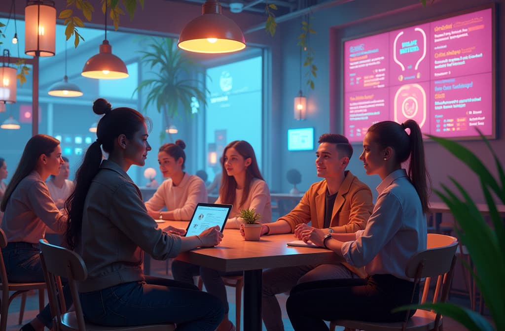  "create a whimsical, futuristic café scene where diverse characters are engaged in animated conversations with floating holographic screens displaying vibrant, swirling text and imagery. the café is decorated with plants and soft neon lights, blending a cozy atmosphere with advanced technology. each character should represent a different culture and age, showcasing the idea of communication and connection across digital platforms." hyperrealistic, full body, detailed clothing, highly detailed, cinematic lighting, stunningly beautiful, intricate, sharp focus, f/1. 8, 85mm, (centered image composition), (professionally color graded), ((bright soft diffused light)), volumetric fog, trending on instagram, trending on tumblr, HDR 4K, 8K