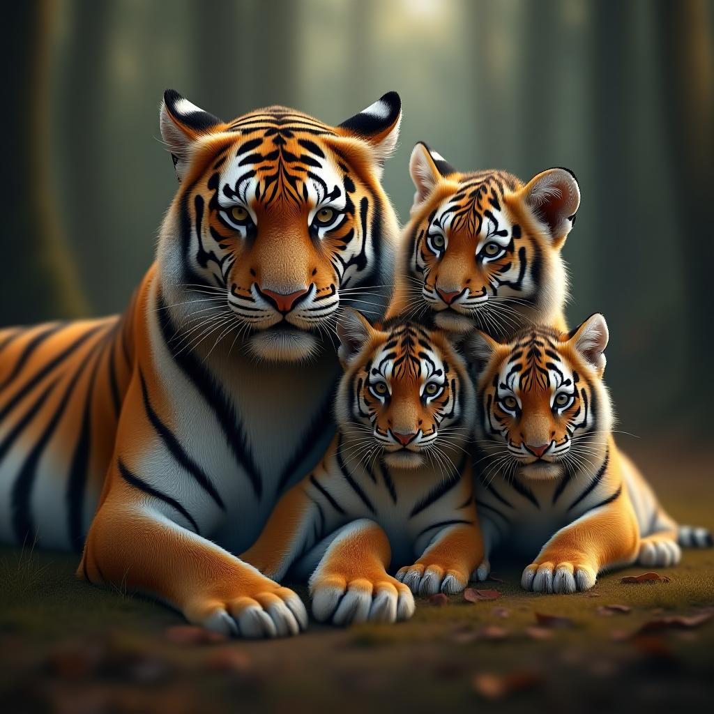  a family consisting of an adult male tiger, an adult female tigress, and two tiger cubs – one older and the other younger. in total, there are 4 tigers! the picture clearly shows that they love and care for each other. hyperrealistic, full body, detailed clothing, highly detailed, cinematic lighting, stunningly beautiful, intricate, sharp focus, f/1. 8, 85mm, (centered image composition), (professionally color graded), ((bright soft diffused light)), volumetric fog, trending on instagram, trending on tumblr, HDR 4K, 8K