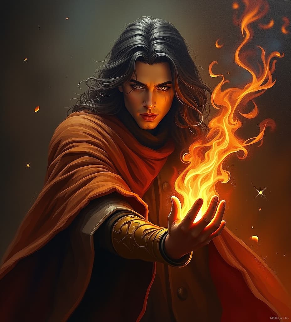  good quality, high quality, fire wizard, young male, dark fantasy, oil painting, art on pinterest