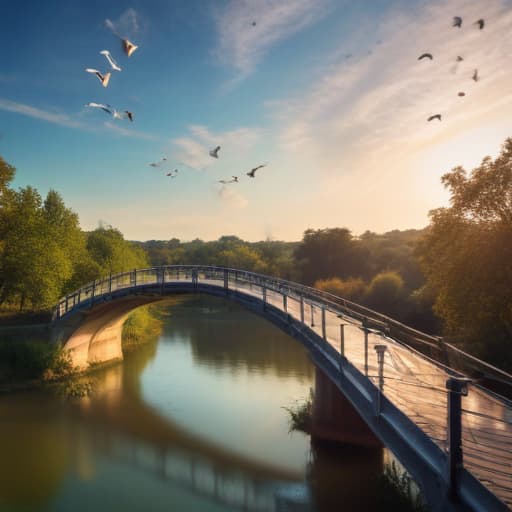 Un pont dans l’espace des anges au tour du pont à la fin du pont il y’a un grand oiseau immense with Nature background