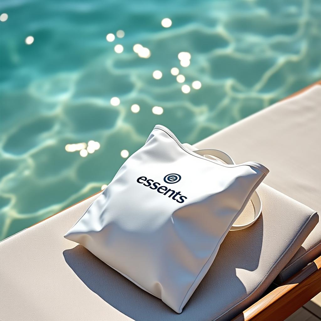  the sea, waves, relaxation, and on the sunbed lies a large white bag with the essens logo.