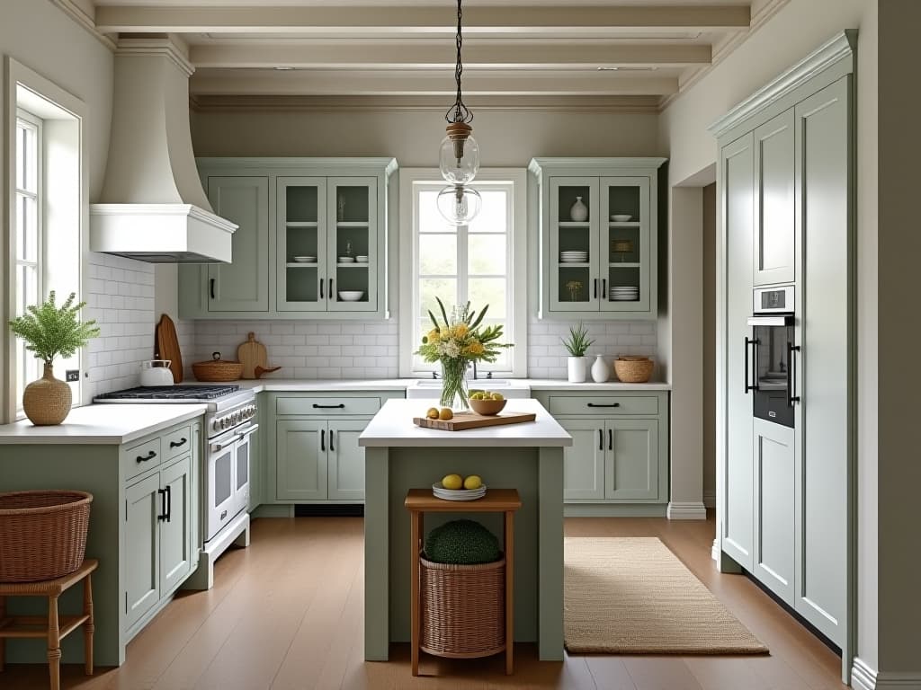  capture a stunningly beautiful and hyperrealistic 8k photograph of a medium sized kitchen designed in french country style, characterized by elegant and rustic elements inspired by rural france. the u shaped layout is complemented by a subway tile backsplash and white appliances. the space features dense provencal decorations, showcasing intricate and highly detailed furnishings. the symmetrical balance is maintained with a dutch angle pov, enhanced by soft, diffused window light. the image, in sharp focus and unedited raw format, uses jungle mist (#b4cfd3) as the dominant color, complemented by half baked (#85c4cc) and accentuated with quill gray (#d6d6d1), monte carlo (#83d0c6), and jagged ice (#c2e8e5).