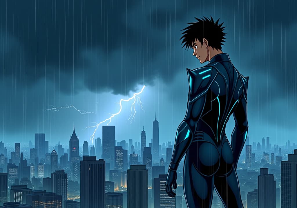  good quality, high quality, a wide manga style scene showing a stormy night over the bustling city of tokyo. dark clouds swirl violently in the sky, illuminated by flashes of lightning. in the foreground, pranav ajay, a young, athletic man, stands on the edge of a skyscraper rooftop, his expression hardened by determination. his sharp black hair is tousled by the fierce winds, and his futuristic suit, with sleek armor plates and glowing blue lines, reflects the dim city lights below. the rain drenches his figure, yet he stands firm, staring down at the glowing city. the atmosphere feels tense and foreboding, mirroring the turmoil inside him as thunder rumbles in the background. **narration box:** "on this stormy night, pranav ajay's destin