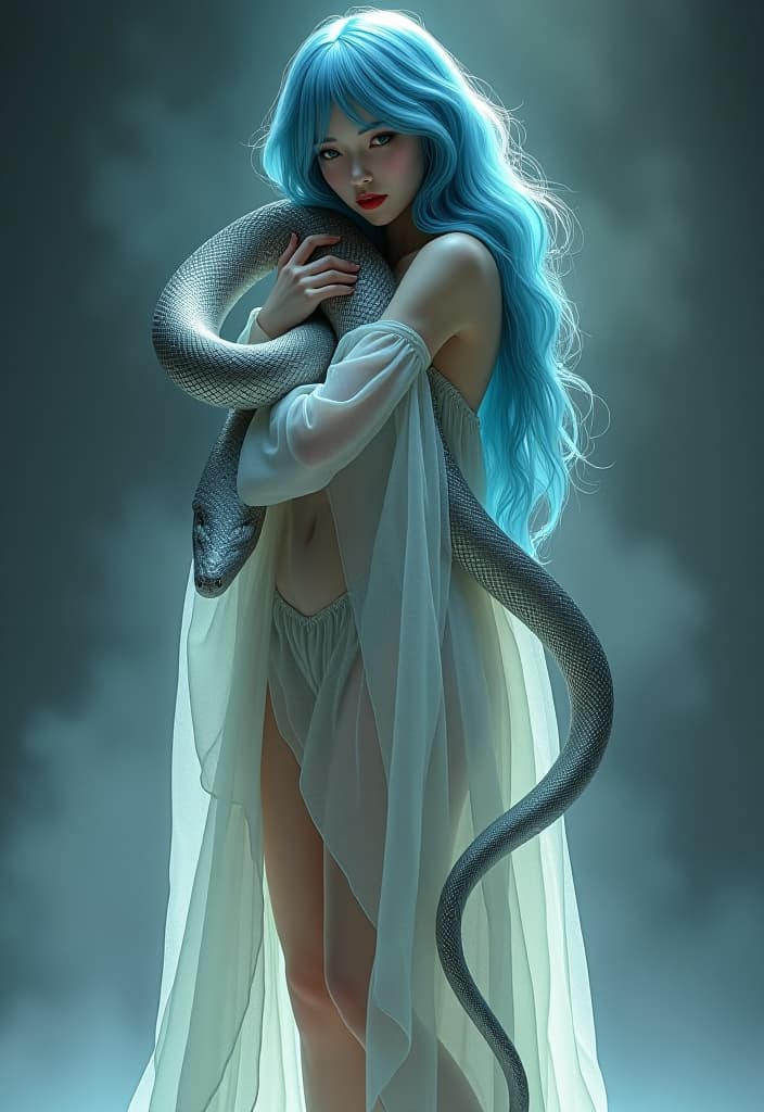  concept art full length artistic portrait beautiful with blue hair in a very translucent tunic. long slender legs, thin waist, beautiful s, cute face, perfect skin. with a big, long, graceful, silver snake the gently hugs the snake. the snake bends from caresses. snake wraps around the 's body. the bends ually . digital artwork, ilrative, painterly, matte painting, highly detailed hyperrealistic, full body, detailed clothing, highly detailed, cinematic lighting, stunningly beautiful, intricate, sharp focus, f/1. 8, 85mm, (centered image composition), (professionally color graded), ((bright soft diffused light)), volumetric fog, trending on instagram, trending on tumblr, HDR 4K, 8K