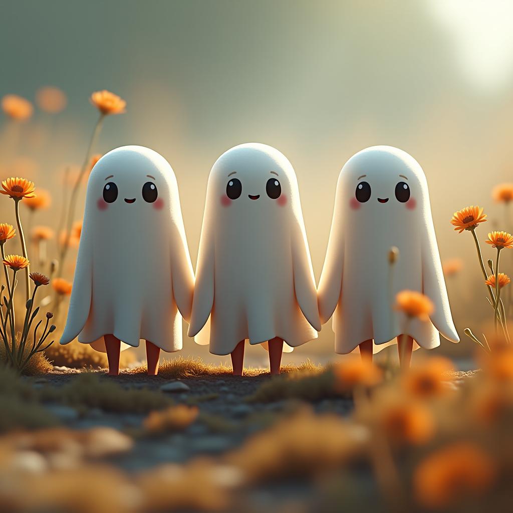  create a digital illustration featuring a row of three cute, cartoonish ghost characters, each with a different appearance, standing in different positions within sparse, life like wildflowers. hyperrealistic, full body, detailed clothing, highly detailed, cinematic lighting, stunningly beautiful, intricate, sharp focus, f/1. 8, 85mm, (centered image composition), (professionally color graded), ((bright soft diffused light)), volumetric fog, trending on instagram, trending on tumblr, HDR 4K, 8K