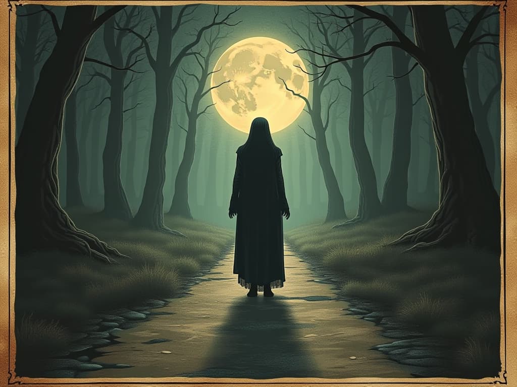  figure standing at crossroads, path illuminated by ethereal light, sense of choice, revelation, clarity. an illustration in the style of a worn, mystical old tarot trump card, mysterious and elements of surrealism. the colors are muted, somber and eerie, but with contrast bring out an occult and esoteric vibe.