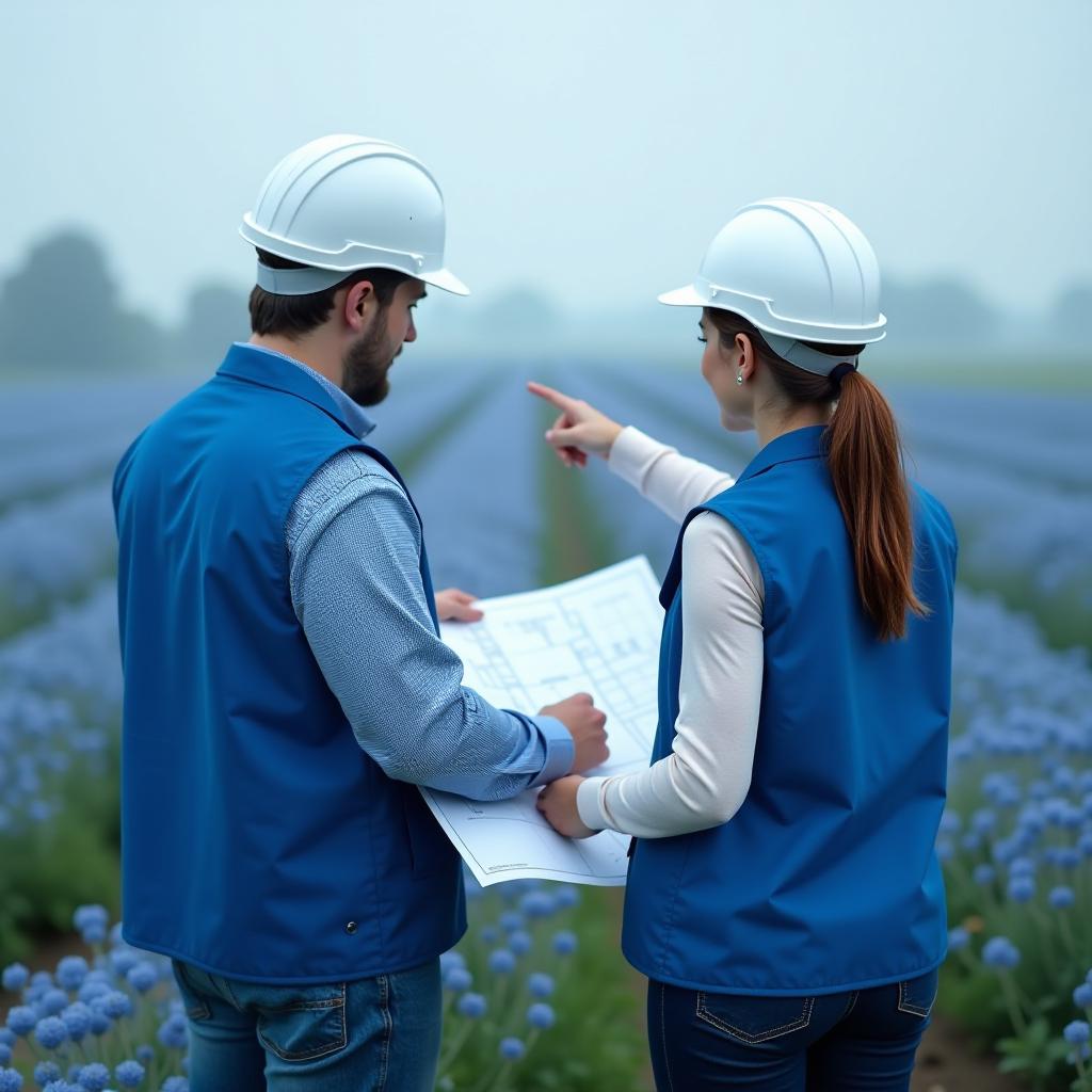  generate an image where a man and a woman, both cadastral engineers wearing white helmets and blue work vests, are standing with their backs to us. the hand drawn land boundary plan is laid out on a3 sheets, with the man holding the plan and the woman pointing in a direction. hyper detailing, in blue tones, 4k resolution, with the image resembling a photo. the background features a cornflower field in blue tones. hyperrealistic, full body, detailed clothing, highly detailed, cinematic lighting, stunningly beautiful, intricate, sharp focus, f/1. 8, 85mm, (centered image composition), (professionally color graded), ((bright soft diffused light)), volumetric fog, trending on instagram, trending on tumblr, HDR 4K, 8K