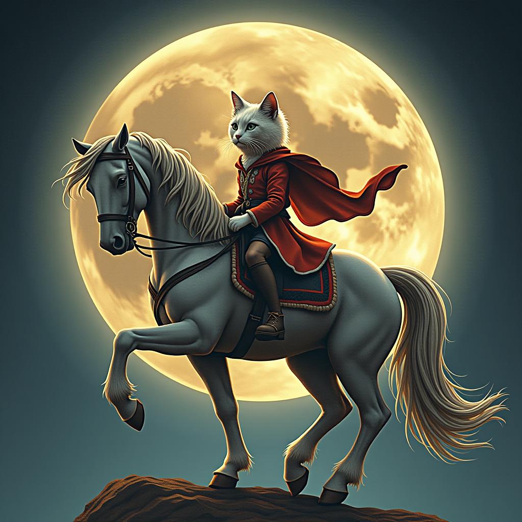  a cat riding a horse, hand drawn, on the moon, studio light, hdr 4k hyperrealistic, full body, detailed clothing, highly detailed, cinematic lighting, stunningly beautiful, intricate, sharp focus, f/1. 8, 85mm, (centered image composition), (professionally color graded), ((bright soft diffused light)), volumetric fog, trending on instagram, trending on tumblr, HDR 4K, 8K