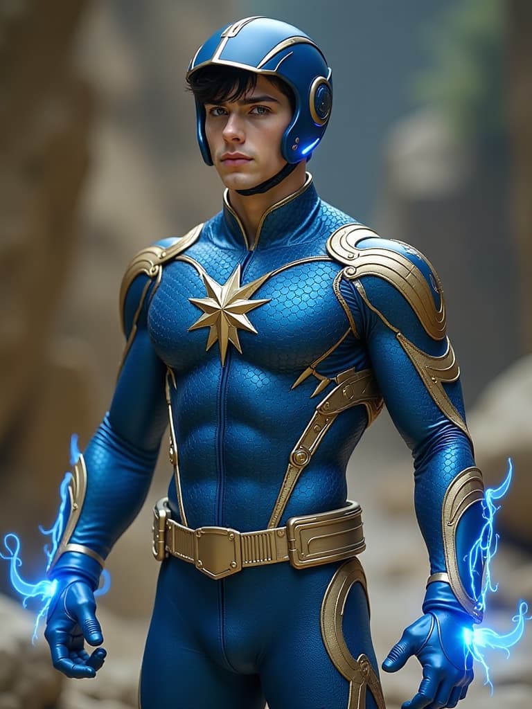  a handsome, muscular young man with black hair, wearing a blue and gold micro scales latex spandex costume, with blue star helmet and energy manipulating wristbands, posing in a futuristic, photorealistic scene, (best quality,4k,8k,highres,masterpiece:1.2),ultra detailed,(realistic,photorealistic,photo realistic:1.37),detailed facial features,extreme detail description,vivid colors,dynamic lighting,cinematic composition,science fiction,superhero.