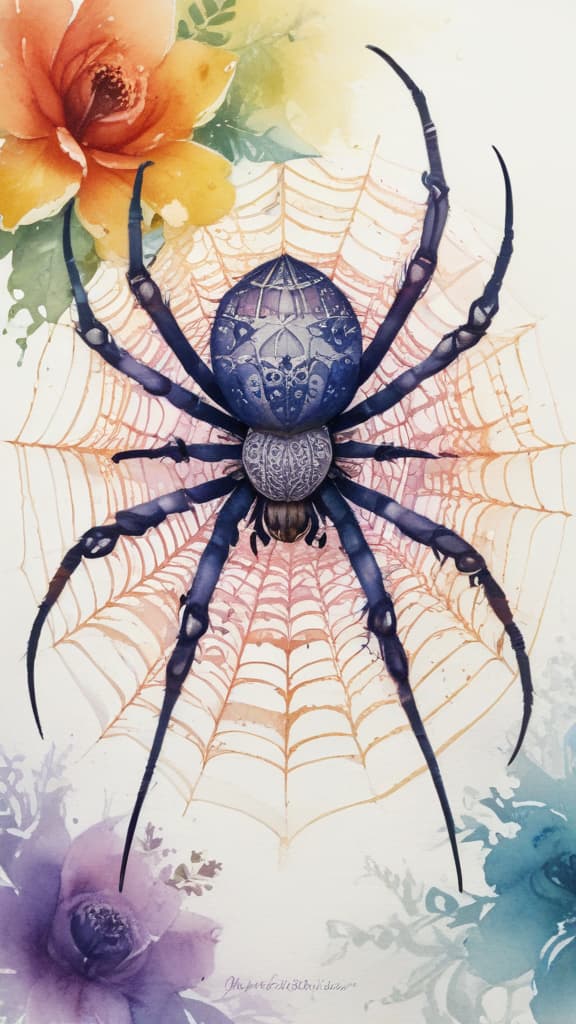 Create artwork a spider with 8 legs weaves a lace web with a floral motif --ar 9:16 using watercolor techniques, featuring fluid colors, subtle gradients, transparency associated with watercolor art