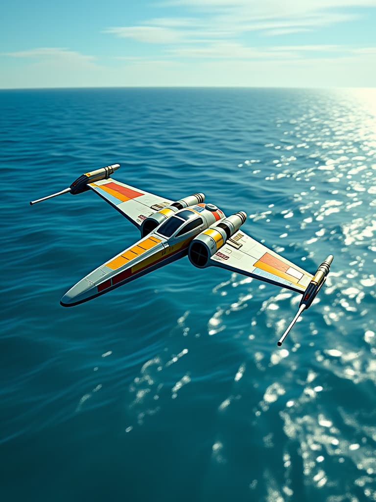  a breathtaking scene of a sunny day where the horizon meets the vibrant blue ocean, creating a striking backdrop. in this ultra realistic depiction, a sleek naboo starfighter is gracefully soaring across the sea, its shimmering golden and blue panels catching the sunlight. one wing dips slightly into the sparkling water below, sending gentle ripples outward. the starfighter is angled away from the viewer, skewing to the left as it glides effortlessly through the sky. the scene is filled with vivid colors, emphasizing the contrast between the cerulean sea, the bright sunlit sky, and the intricate details of the spacecraft, capturing the essence of adventure in a photorealistic style. ultra realistic, hypperrealistic, 4k, 8k hyperrealistic, full body, detailed clothing, highly detailed, cinematic lighting, stunningly beautiful, intricate, sharp focus, f/1. 8, 85mm, (centered image composition), (professionally color graded), ((bright soft diffused light)), volumetric fog, trending on instagram, trending on tumblr, HDR 4K, 8K