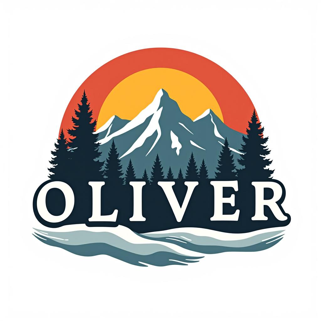  design a logo, custom sticker design on an isolated white background with the bold words ‘oliver’ with a backdrop of a mountain range, and silhouettes of pine trees at sunset