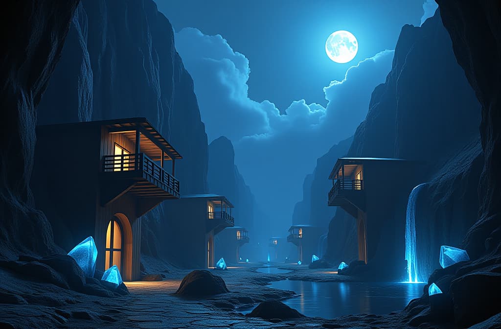  an ancient mine built with wooden structures, with blue crystals/gems that reflect the moonlight, seems to go on forever., night clouds, above city, atmospheric lighting, octane render a fantasy digital painting by james gurney, trending on artstation, hyperrealistic, realistic, photorealistic, dynamic lighting, highly detailed, cinematic landscape, studio lighting hyperrealistic, full body, detailed clothing, highly detailed, cinematic lighting, stunningly beautiful, intricate, sharp focus, f/1. 8, 85mm, (centered image composition), (professionally color graded), ((bright soft diffused light)), volumetric fog, trending on instagram, trending on tumblr, HDR 4K, 8K