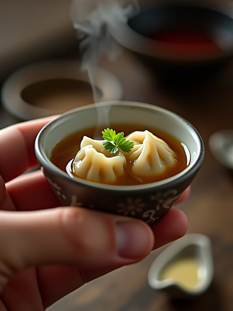  (((person))), (((hand))), miniature soup bowl, chinese dumplings and broth, close up shot, canon 50mm lens, detailed food, steam rising, appetizing, food photography, soft focus background, highly detailed photo, sharp details, best quality, 4k, raw photo