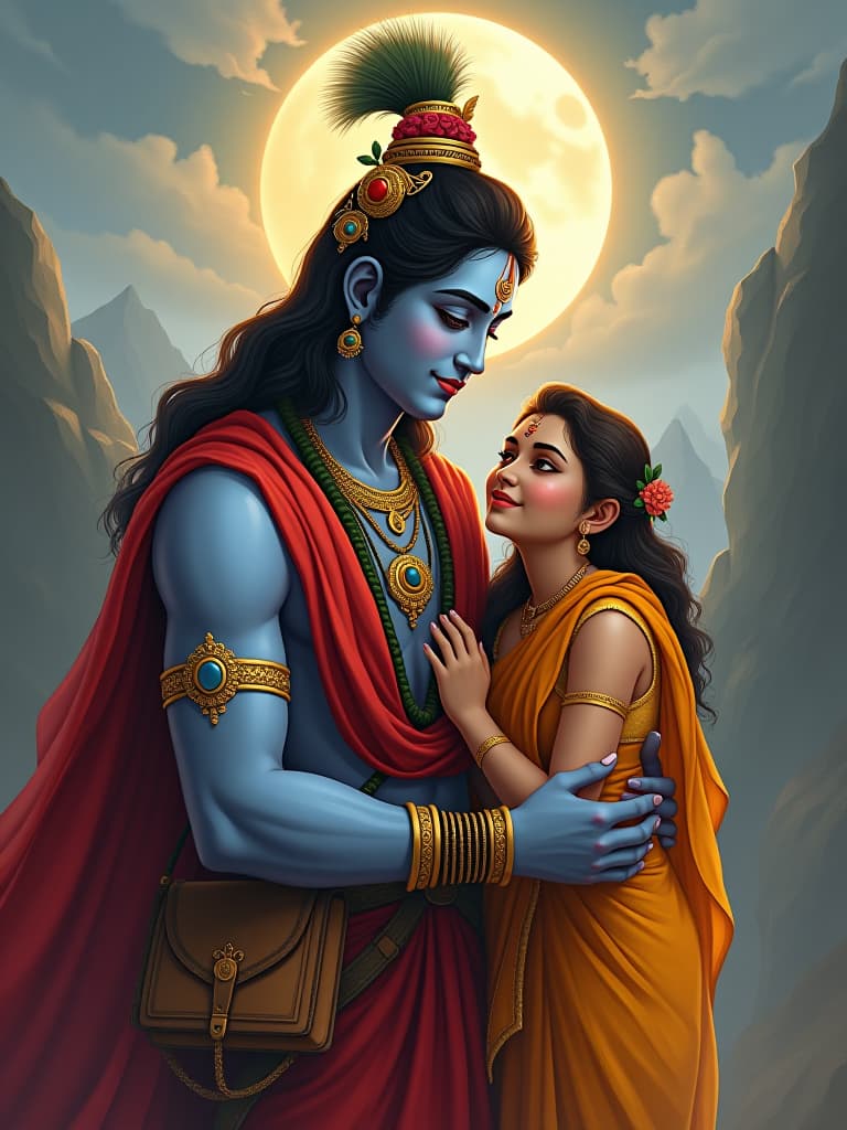  lord krishna with girl in modern world, masterpiece background