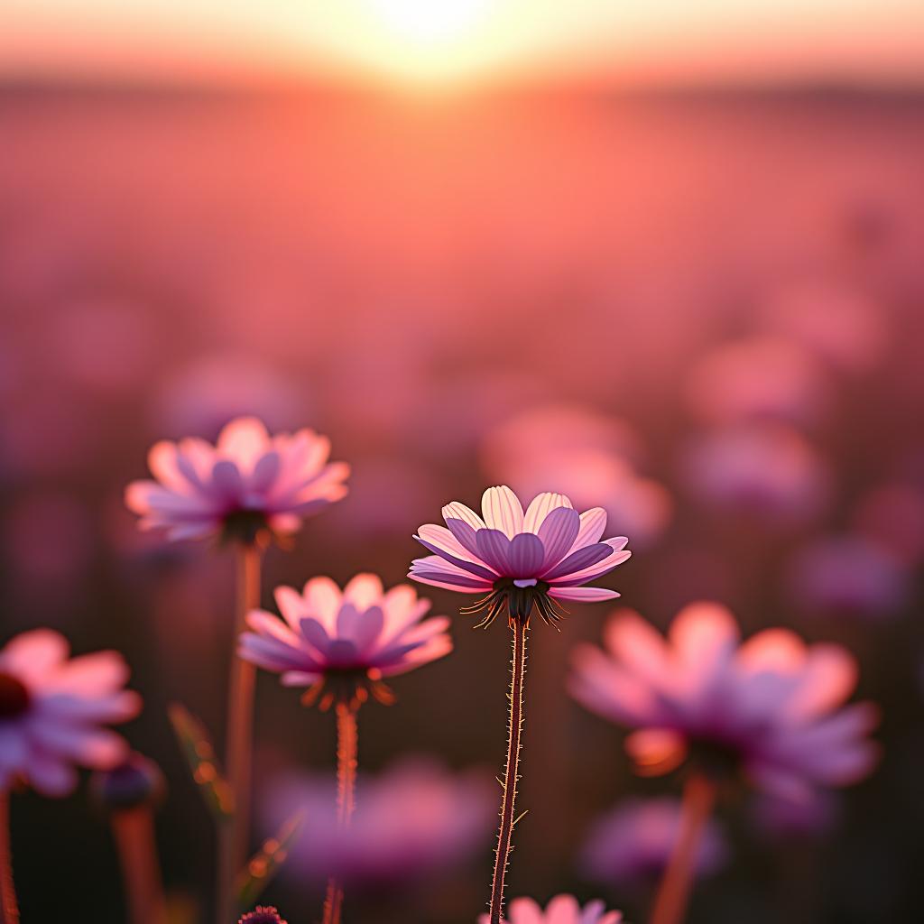  a detailed photo of a shimmering flower field comprised of multiple flowers. each flower within the field is glowing slightly. pollen is drifting away from the flowers in a soft pastel pink colour, leaving a trailing haze of pink in the atmosphere. it is the golden hour and it is the picturesque british countryside.