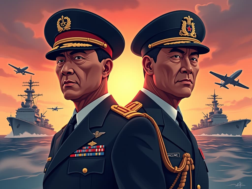  an illustrative portrait of admiral raymond spruance and admiral shizaburo ozawa, leaders of the american and japanese fleets during the battle of the philippines sea, respectively. spruance is depicted as a calm and strategic figure on the uss indianapolis, while ozawa is portrayed as a towering yet fierce leader with an intense expression. the backdrop features their respective fleets in action with aircraft carriers, battleships, and fighter planes set against a dramatic sunset sky, showcasing the clash of naval power in world war ii. hyperrealistic, full body, detailed clothing, highly detailed, cinematic lighting, stunningly beautiful, intricate, sharp focus, f/1. 8, 85mm, (centered image composition), (professionally color graded), ((bright soft diffused light)), volumetric fog, trending on instagram, trending on tumblr, HDR 4K, 8K