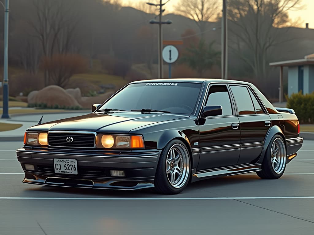  1990 toyota cressida, wide body, slammed, stanced, 17x11 wheels, photo realistic, highly intricate and detailed, masterpiece, ultra high res,photography,8k resolution