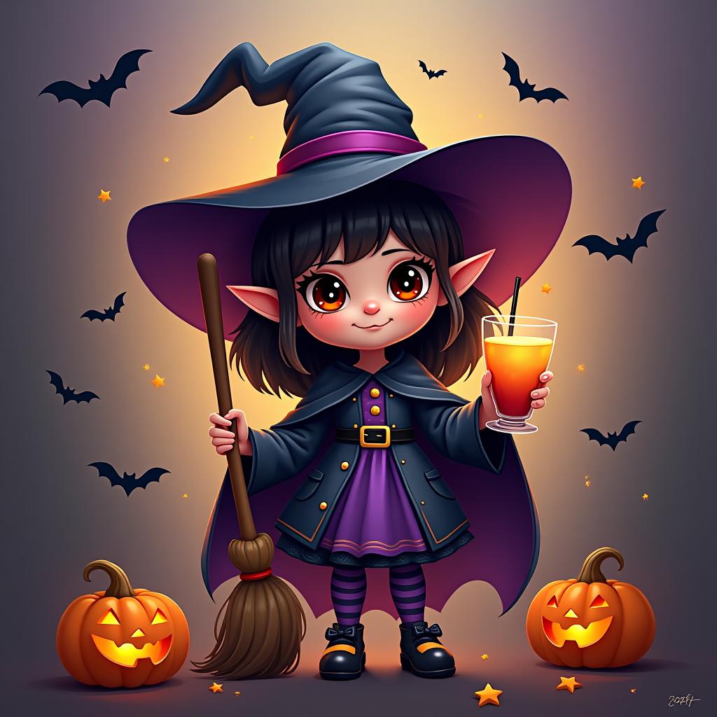  create a digital painting featuring a cute witch character. the witch should be wearing a hat. in one hand, the witch should hold a broomstick, and in the other hand, a halloween themed drink. the background should be colorful and include small black bats, pumpkins and stars to add a playful halloween touch. the overall style should be cute, whimsical, and colorful hyperrealistic, full body, detailed clothing, highly detailed, cinematic lighting, stunningly beautiful, intricate, sharp focus, f/1. 8, 85mm, (centered image composition), (professionally color graded), ((bright soft diffused light)), volumetric fog, trending on instagram, trending on tumblr, HDR 4K, 8K