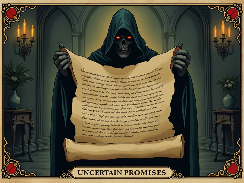  a scroll with cryptic writing, sinister figure in background, dimly lit room, heavy ambiance, mood of uncertain promises. an illustration in the style of a worn, mystical old tarot trump card, mysterious and elements of surrealism. the colors are muted, somber and eerie, but with contrast bring out an occult and esoteric vibe.