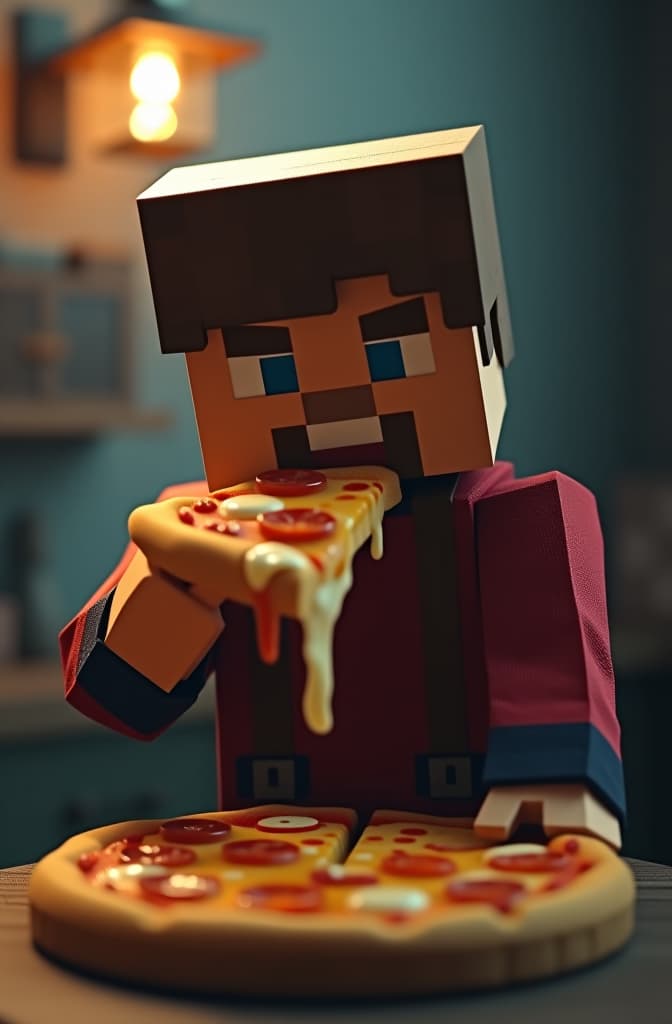  minecraft villager eating pizza hyperrealistic, full body, detailed clothing, highly detailed, cinematic lighting, stunningly beautiful, intricate, sharp focus, f/1. 8, 85mm, (centered image composition), (professionally color graded), ((bright soft diffused light)), volumetric fog, trending on instagram, trending on tumblr, HDR 4K, 8K