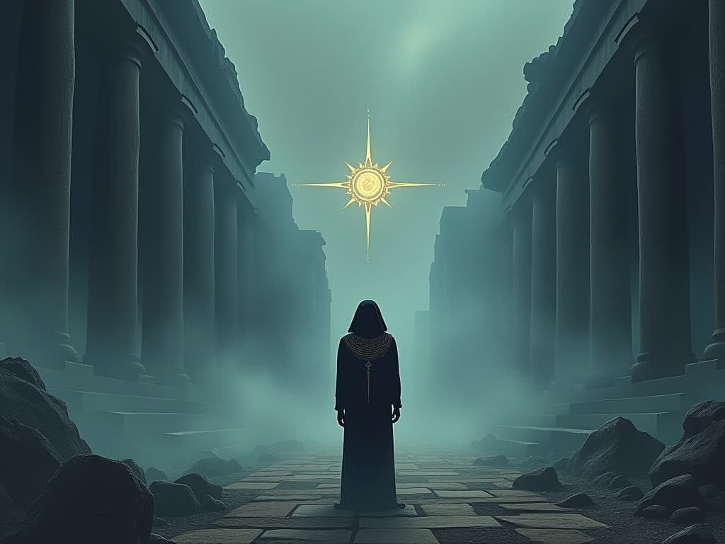  a scene of ancient ruins, a mysterious fog rolling in, with the faint glow of mystical symbols in the air, reminding others of the magic and mystery of existence. the style is digital art illustration / modern comic book / mysterious occult, symbolic, esoteric vibe,high detail on character design, incorporating ancient egyptian symbology and attire.