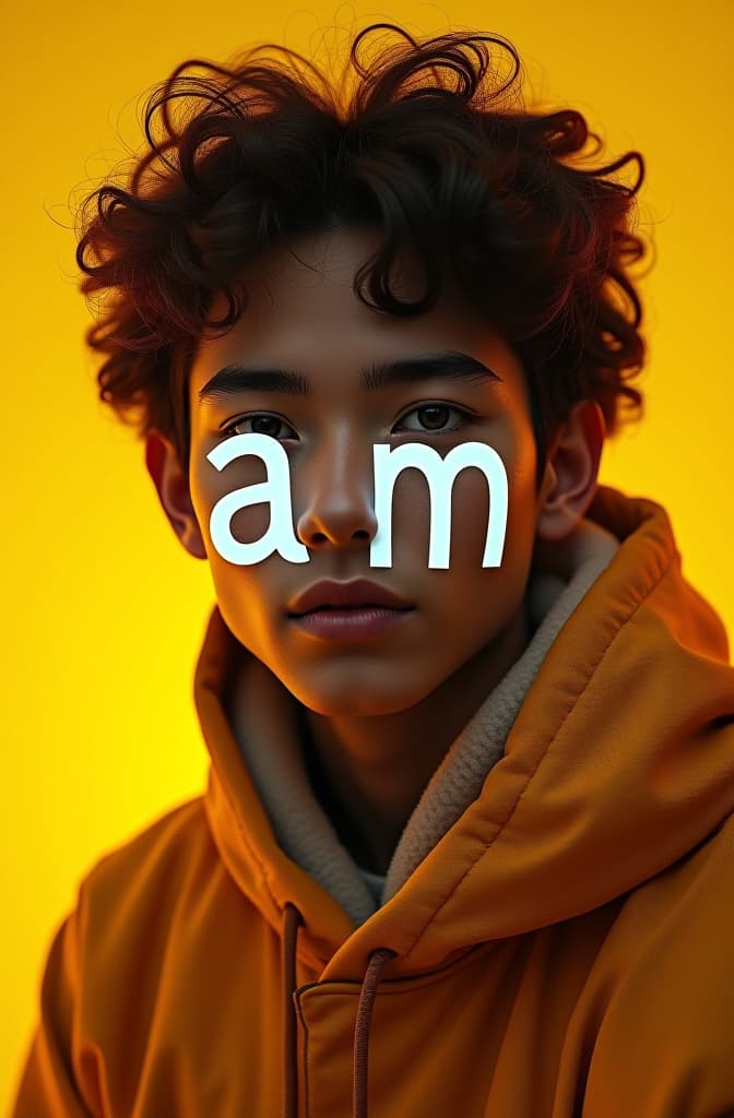  "create an image featuring the text 'am' with the following styling: font color: white font weight: bold background color: yellow hyperrealistic, full body, detailed clothing, highly detailed, cinematic lighting, stunningly beautiful, intricate, sharp focus, f/1. 8, 85mm, (centered image composition), (professionally color graded), ((bright soft diffused light)), volumetric fog, trending on instagram, trending on tumblr, HDR 4K, 8K