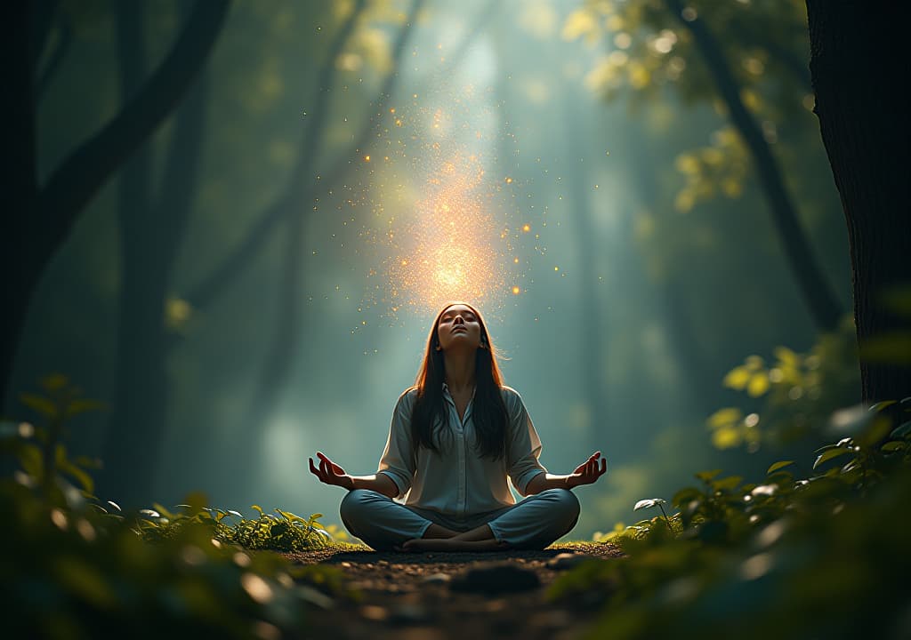  a serene figure meditating in a lush forest, surrounded by swirling ethereal light, with colorful energy orbs rising from the mouth, symbolizing the release of spiritual energy and inner balance. hyperrealistic, full body, detailed clothing, highly detailed, cinematic lighting, stunningly beautiful, intricate, sharp focus, f/1. 8, 85mm, (centered image composition), (professionally color graded), ((bright soft diffused light)), volumetric fog, trending on instagram, trending on tumblr, HDR 4K, 8K