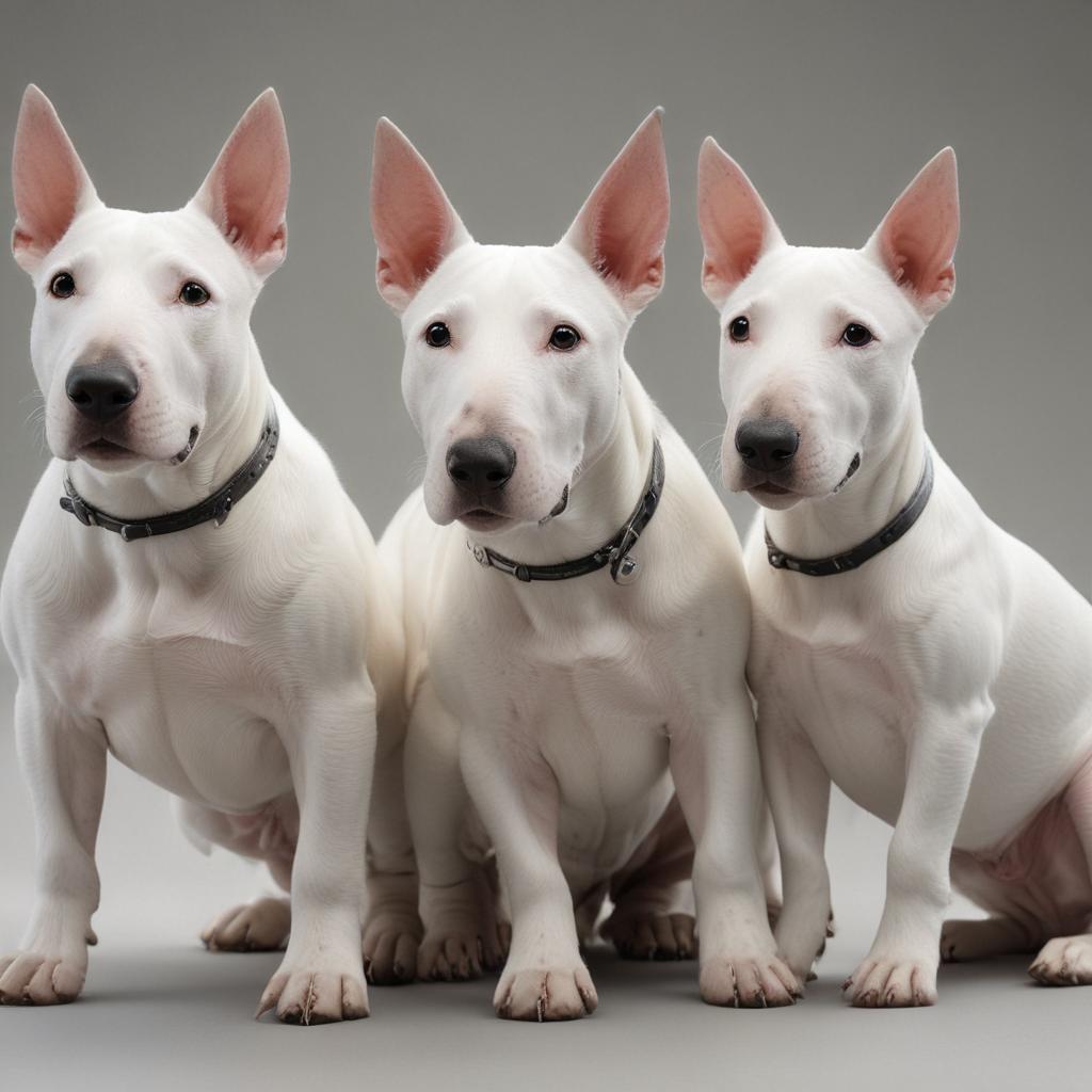 ((masterpiece)),(((best quality))), 8k, high detailed, ultra detailed, A Bull Terrier with two puppies, one all white puppy and one with black markings on the left side, Bull Terrier, ((all white)), ((black markings)), puppies hyperrealistic, full body, detailed clothing, highly detailed, cinematic lighting, stunningly beautiful, intricate, sharp focus, f/1. 8, 85mm, (centered image composition), (professionally color graded), ((bright soft diffused light)), volumetric fog, trending on instagram, trending on tumblr, HDR 4K, 8K