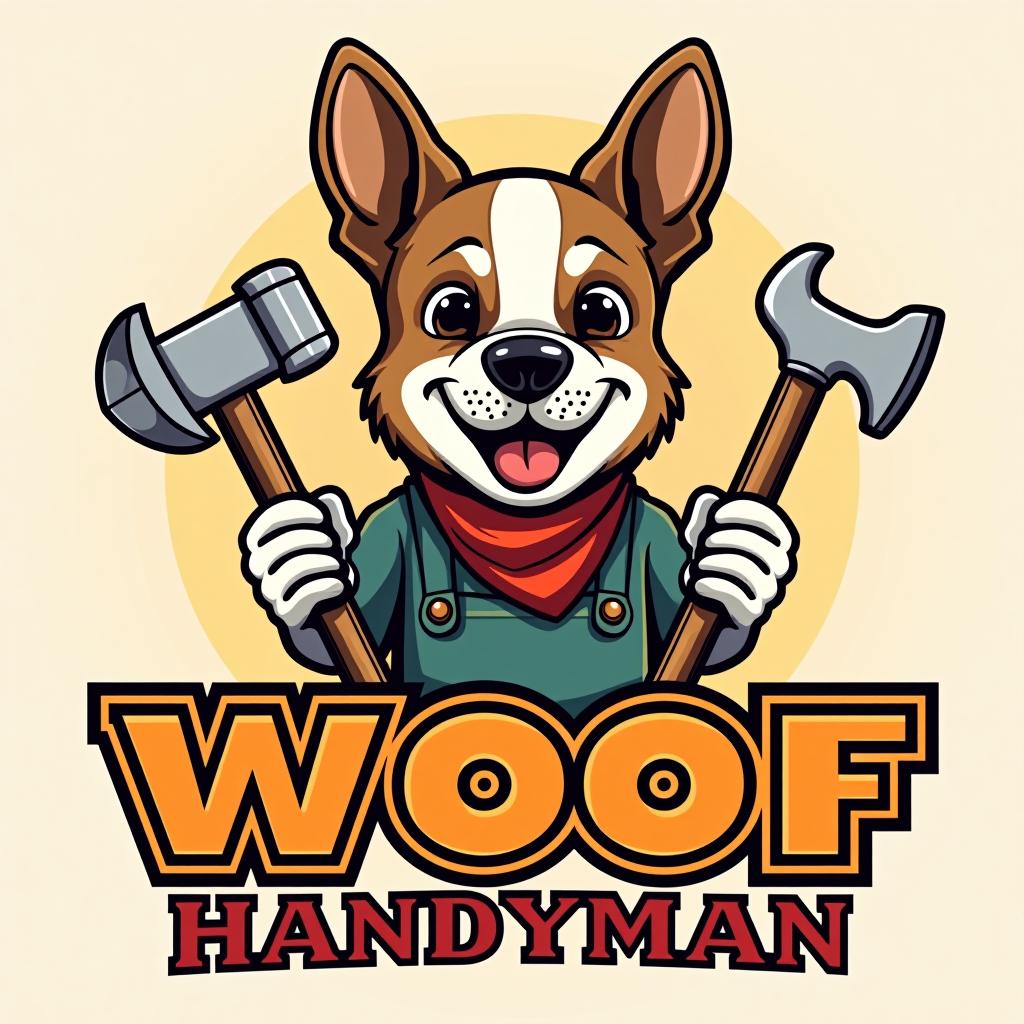  dog holding tools, text 'woof handyman', (logo:1.15), hq, hightly detailed, 4k