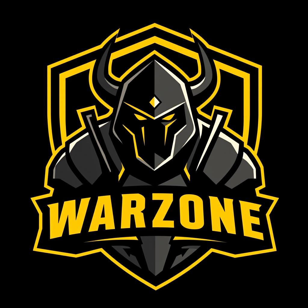  logo, esports logo, warrior theme, with text ‘warzone’, black and yellow color