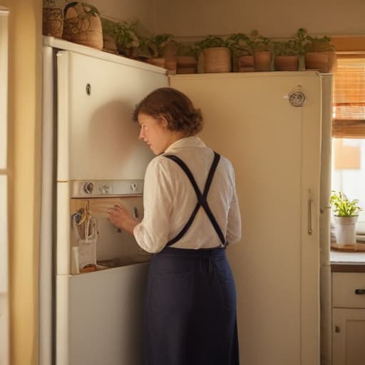 A photo of a skilled technician repairing a vintage refrigerator in a quaint kitchen during the late afternoon with warm, golden-hued sunlight streaming through a window, casting soft shadows and creating a cozy ambiance.