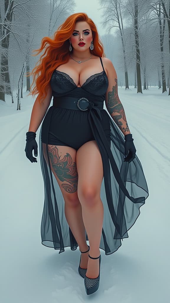  hyperrealistic art { ((( fat woman 4 old (((chubby))), russian ginger dynamic hair ))), ((((long transcend dress)))) , (((colored long nails))), tattooed legs , (( blushes)), ((( black high heels))), ((( ))), (((fat legs))), (( )), (((( dynamic legs position legs on snow park)))), ((( dynamic position))), ((vision from above)), (((ultra detailed legs))), ((( ultra detailed feet))), (((ultra detailed ))) } . upscaled , 8k, extremely high resolution details, photographic, (((realism pushed to extreme))) , fine texture, incredibly lifelike, <lora:more details:1>