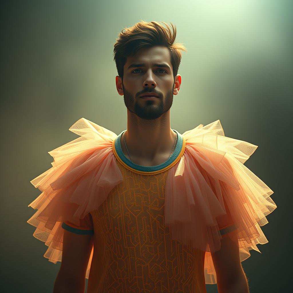  men's tulle tshirt with emblishment hyperrealistic, full body, detailed clothing, highly detailed, cinematic lighting, stunningly beautiful, intricate, sharp focus, f/1. 8, 85mm, (centered image composition), (professionally color graded), ((bright soft diffused light)), volumetric fog, trending on instagram, trending on tumblr, HDR 4K, 8K