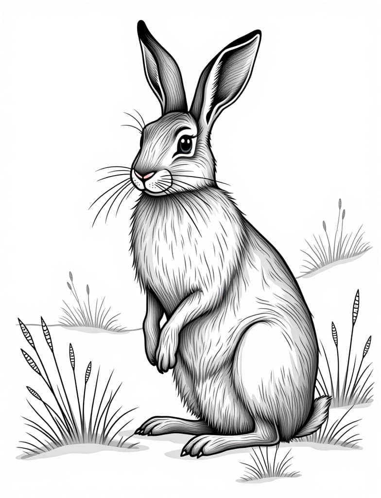  this is for an adult coloring page. a detailed black and white line art of a snowy winter wildlife scene with a hare standing on its hind legs in the snow on a solid white background.