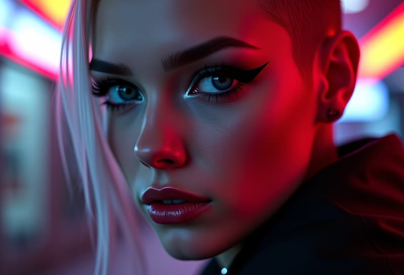  ultra realistic close up portrait ((beautiful pale cyberpunk female with heavy black eyeliner)), blue eyes, shaved side haircut, hyper detail, cinematic lighting, magic neon, dark red city, canon eos r3, nikon, f/1.4, iso 200, 1/160s, 8k, raw, unedited, symmetrical balance, in frame, 8k hyperrealistic, full body, detailed clothing, highly detailed, cinematic lighting, stunningly beautiful, intricate, sharp focus, f/1. 8, 85mm, (centered image composition), (professionally color graded), ((bright soft diffused light)), volumetric fog, trending on instagram, trending on tumblr, HDR 4K, 8K