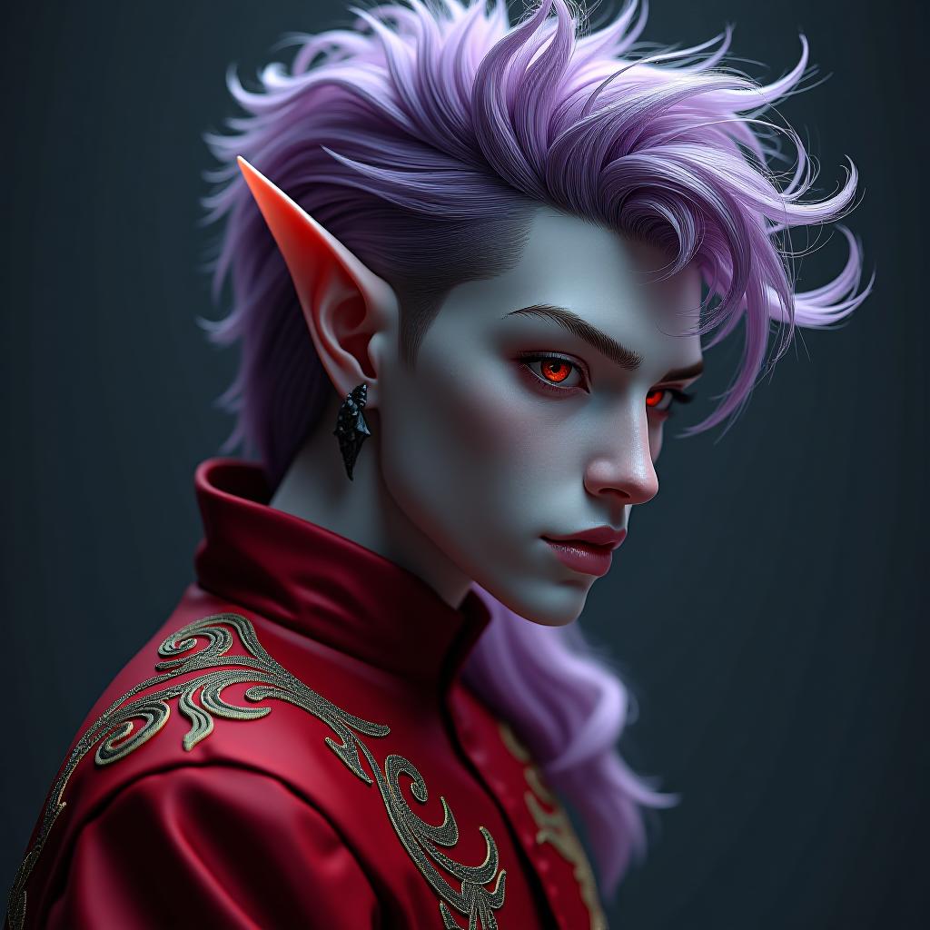  hyperrealistic art dark elf male rock performer marble white skin, purple scarlet hair, lavender eyes with a red tint, dressed in a red violet shirt embroidered with red gold over the shirt wears , hairstyle in the style of hedgehog hair. an earring in ear, in the shape of a month. the crescent moon tattoo . extremely high resolution details, photographic, realism pushed to extreme, fine texture, incredibly lifelike hyperrealistic, full body, detailed clothing, highly detailed, cinematic lighting, stunningly beautiful, intricate, sharp focus, f/1. 8, 85mm, (centered image composition), (professionally color graded), ((bright soft diffused light)), volumetric fog, trending on instagram, trending on tumblr, HDR 4K, 8K