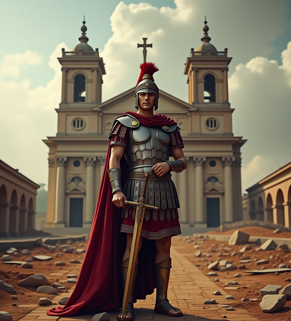  augustus caesar is standing in front of a destroyed catholic church, wearing his roman legion armour and holding a legendary sword of myths.