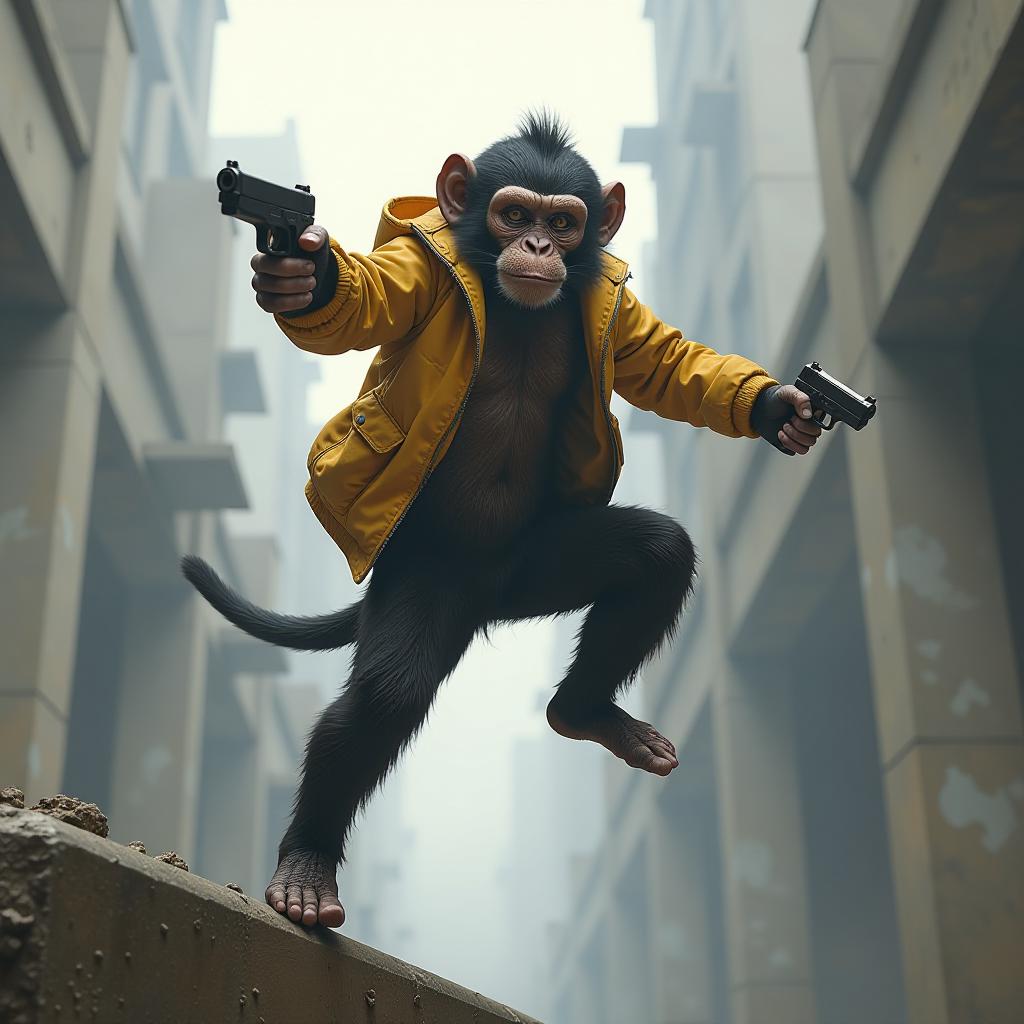  hyperrealistic art a monkey in a yellow jacket with pistols in his hands jumps on concrete columns and shoots. gray tones of surroundings, a yellow jacket on a monkey, a rendering style like from a computer game apex legends . extremely high resolution details, photographic, realism pushed to extreme, fine texture, incredibly lifelike