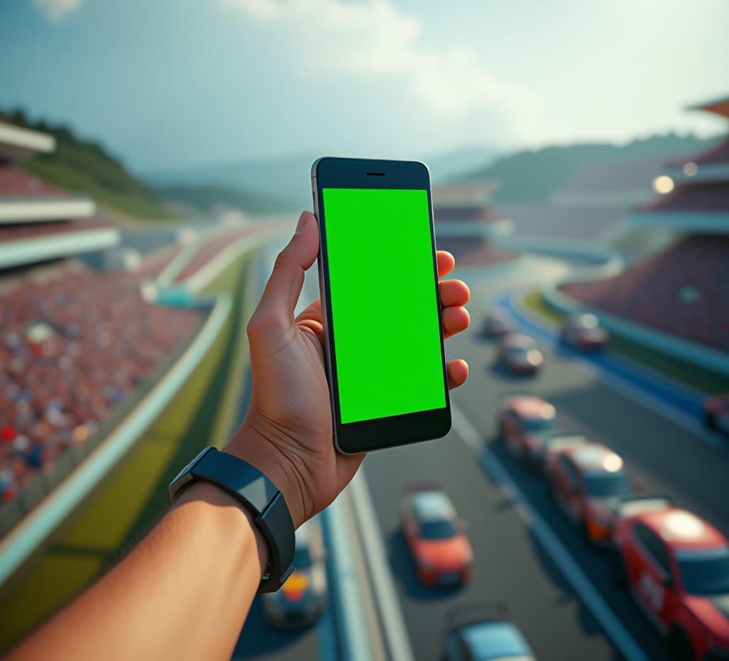  a dynamic image of a hand holding a smartphone with a green screen at a bustling racetrack. perfect for showcasing apps related to sports broadcasting live timing or event interaction, high quality, high details, hd, perfect composition, 4k epic detailed, highly detailed, sharp focus, high resolution