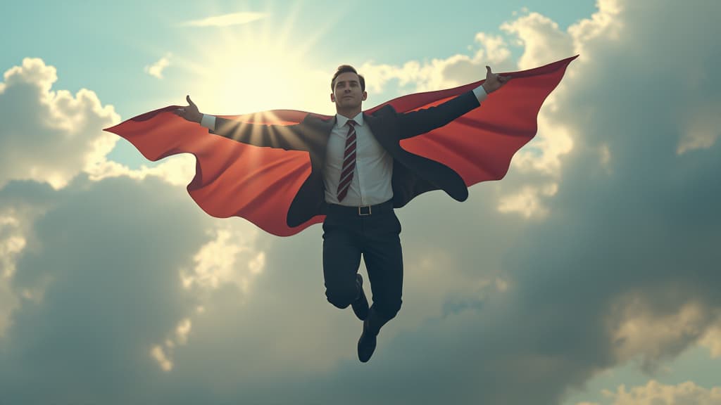  business person look like superhero flying on sky.strong and confidence concepts.vision of leadership ideas, high quality, high details, hd, perfect composition, 4k epic detailed, highly detailed, sharp focus, high resolution