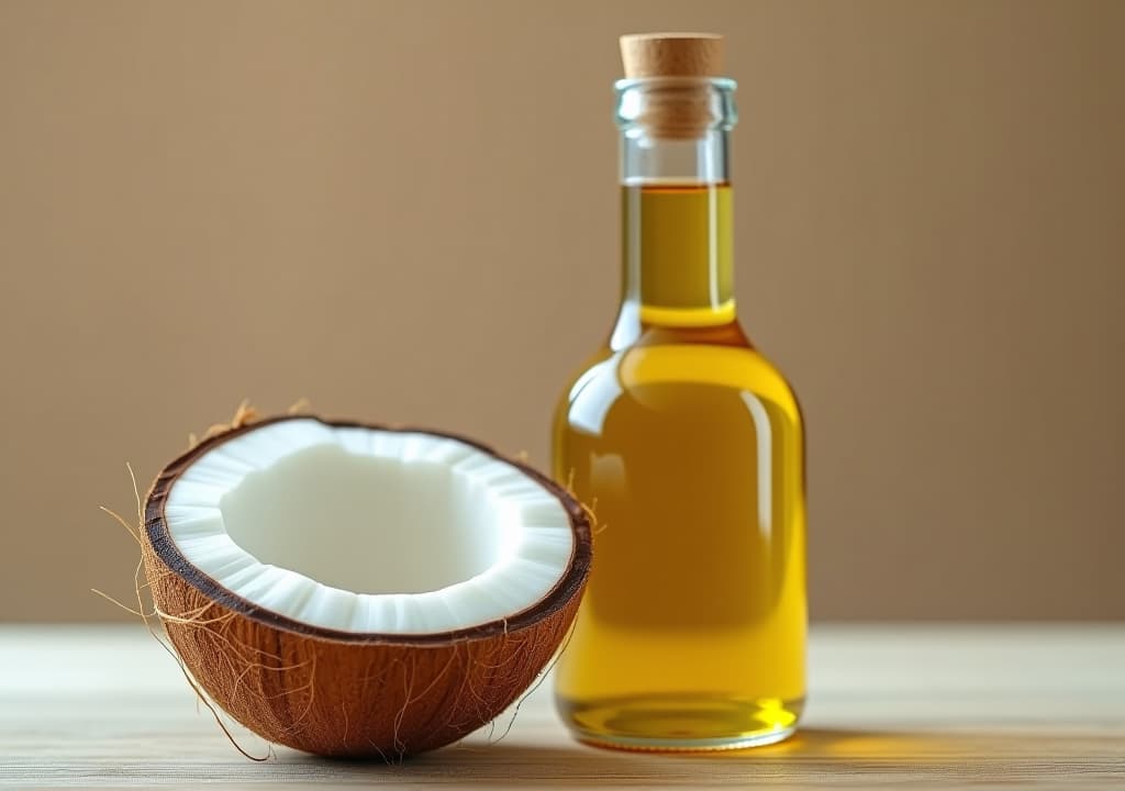  a coconut and a bottle of oil