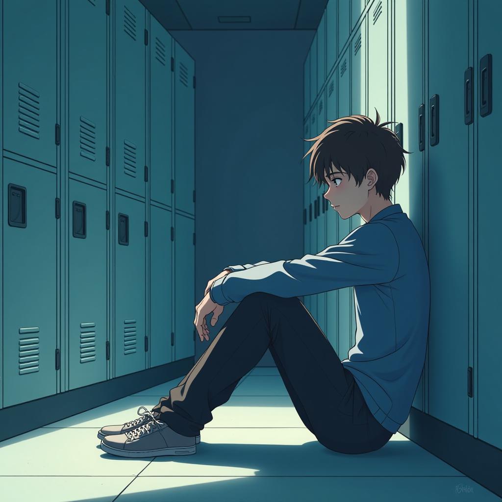  a young man sitting on the floor in front of a bunch of lockers, haruhi suzumiya, clinically depressed, beautiful comic art, bruh moment, rpg maker, yaoi, sad lighting, his arms are behind his back, uncompressed png, it is afternoon, textbook page, webtoons, 27, :6, blue text that says 3kliksphilp hyperrealistic, full body, detailed clothing, highly detailed, cinematic lighting, stunningly beautiful, intricate, sharp focus, f/1. 8, 85mm, (centered image composition), (professionally color graded), ((bright soft diffused light)), volumetric fog, trending on instagram, trending on tumblr, HDR 4K, 8K