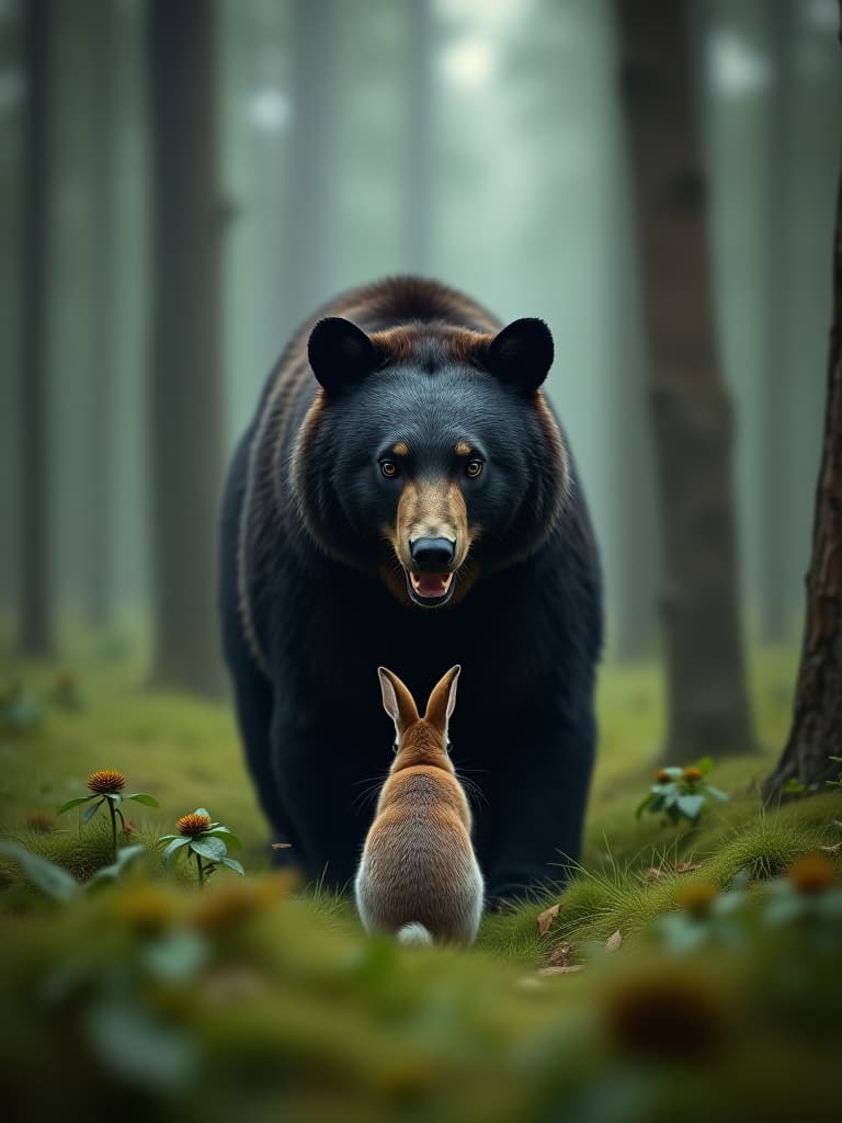  in the forest, there was a vicious black bear, standing in front of the rabbit photo realistic, highly intricate and detailed, masterpiece, ultra high res,photography,8k resolution