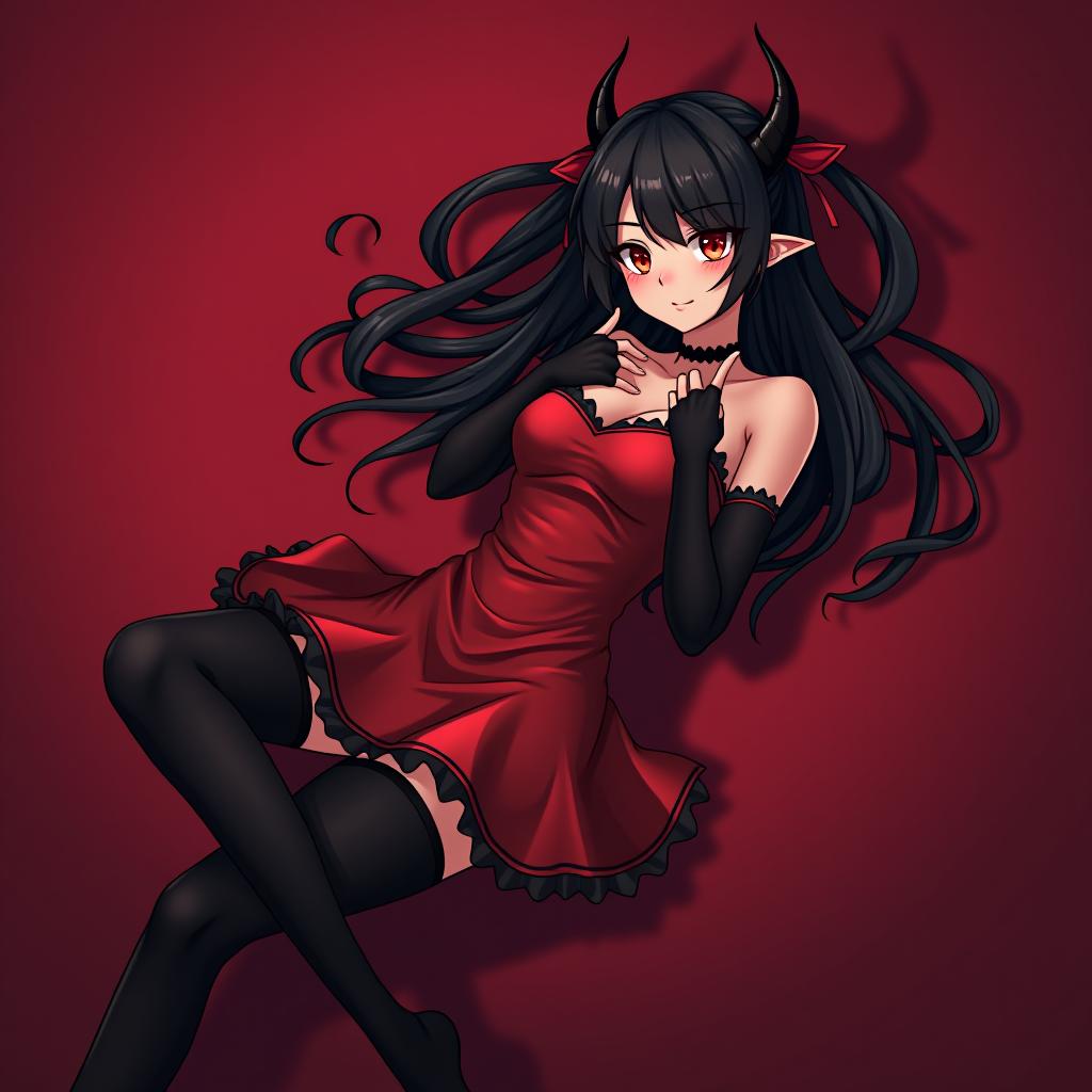  anime succubus in black short, translucent, openwork gloves, red dress and black stockings lies on which she experiences strong excitement and mood