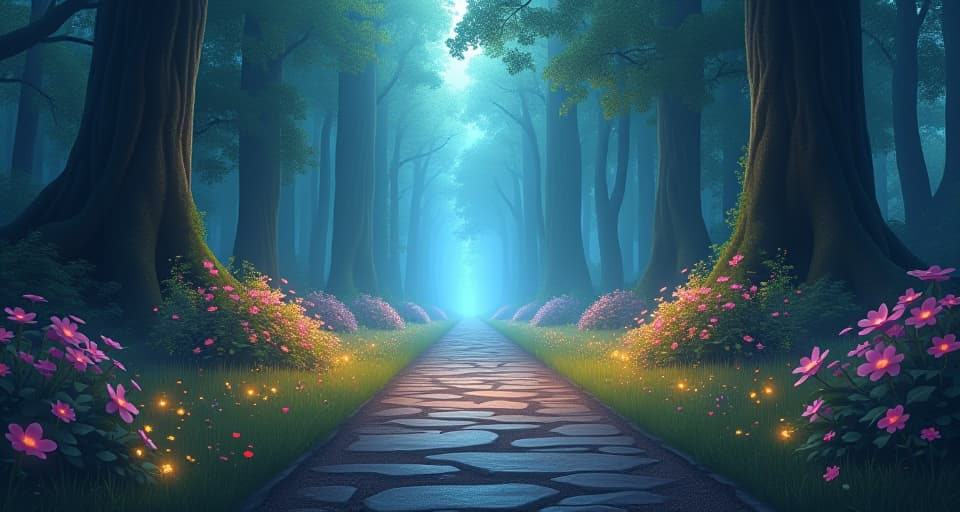  a bright and serene path through a mystical forest, lined with glowing flora. navigable journey, clear future, ethereal guidance.. the style is digital art illustration,highly detailed, whimsical,magical, dreamlike atmosphere, realism and fantasy blend, smooth, glossy textures,luminous quality, wonder and enchantment.