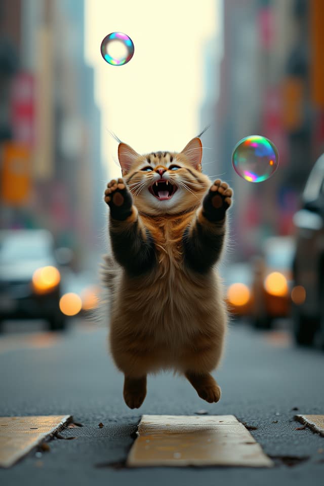  a hyper realistic british cat joyfully playing with iridescent bubbles on bustling new york city streets. the scene is enhanced by soft water vapor hanging in the air, creating a whimsical atmosphere. the cat's fluffy fur glistens in the cinematic lighting, illuminating its demeanor as it leaps and swats at the floating bubbles. the vint urban backdrop includes iconic new york architecture, adding depth to the enchanting moment.